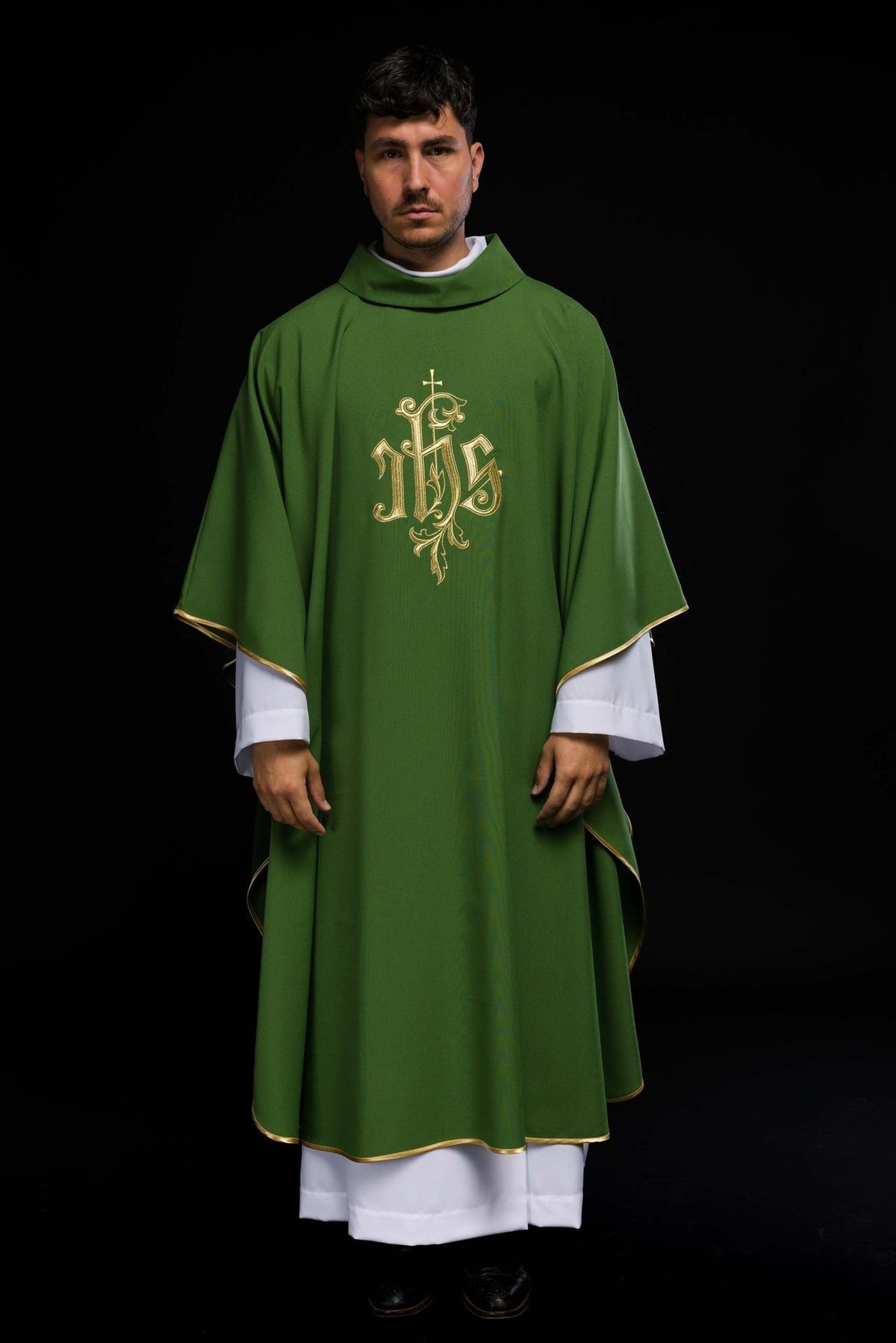Green chasuble front view with gold IHS embroidery and gold trim