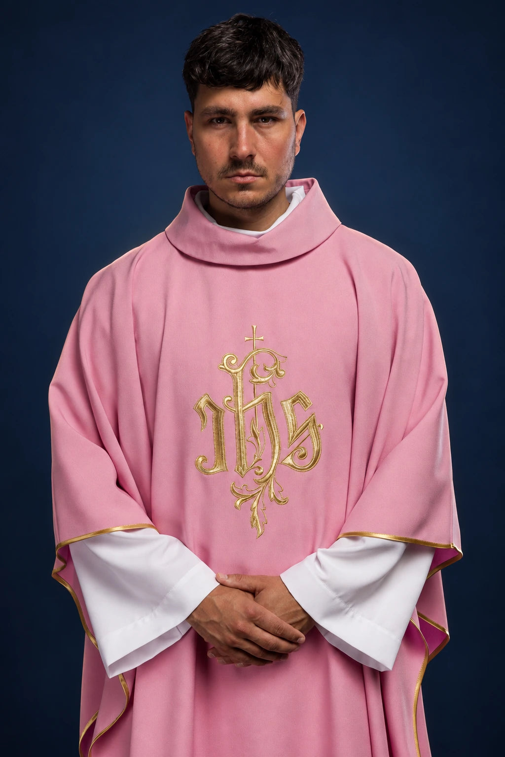 Rose Embroidered IHS Chasuble, front view in rose with gold IHS embroidery and gold trim