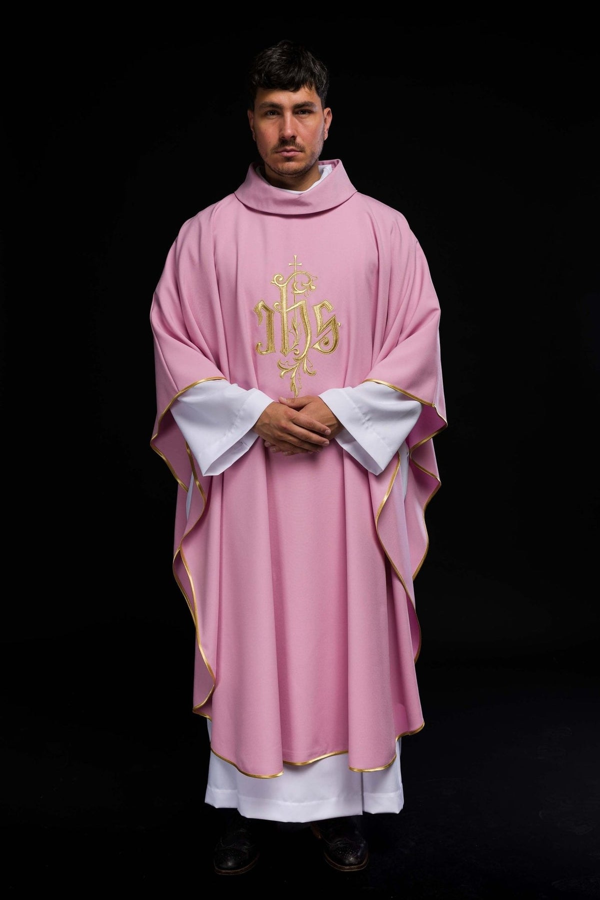 Rose IHS chasuble, full front view with gold embroidery and trim
