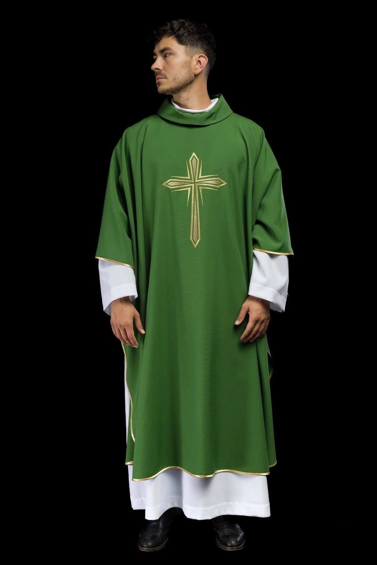 Green chasuble, full front view with gold embroidered cross and trim