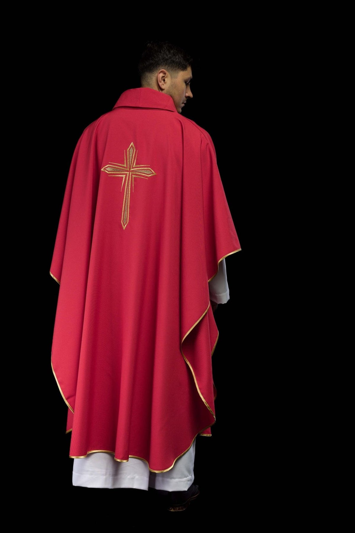 Red chasuble rear three-quarter view with gold trim