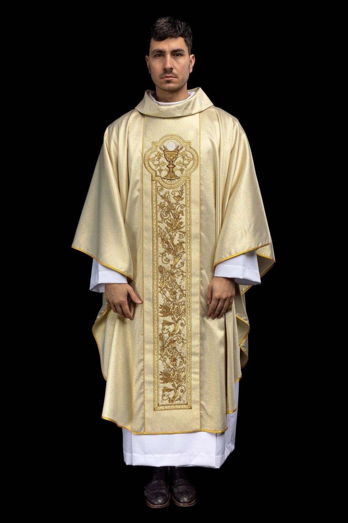 Gold chasuble front view with chalice and full-length floral embroidery