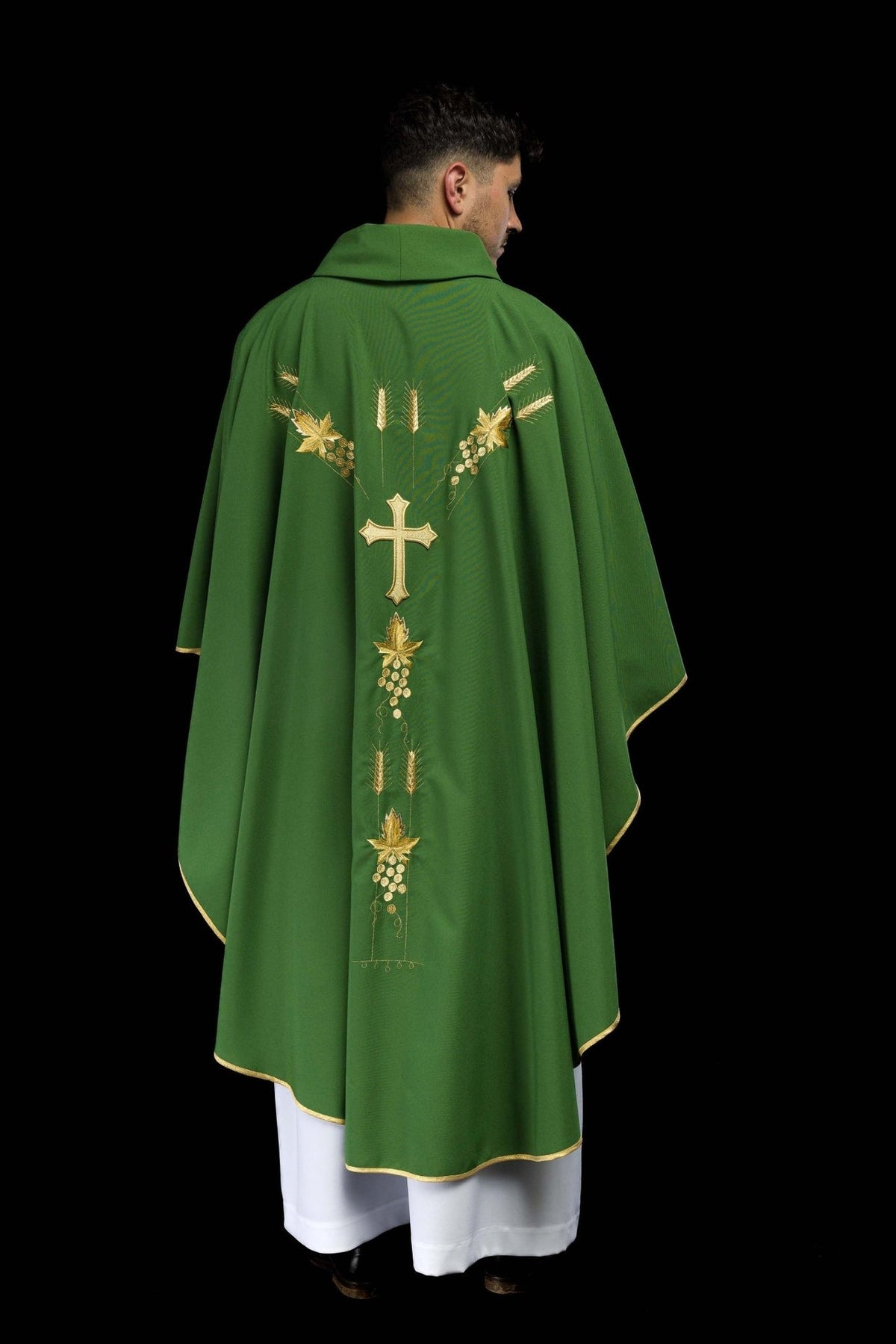 Green chasuble back view with central cross and embroidered grapes