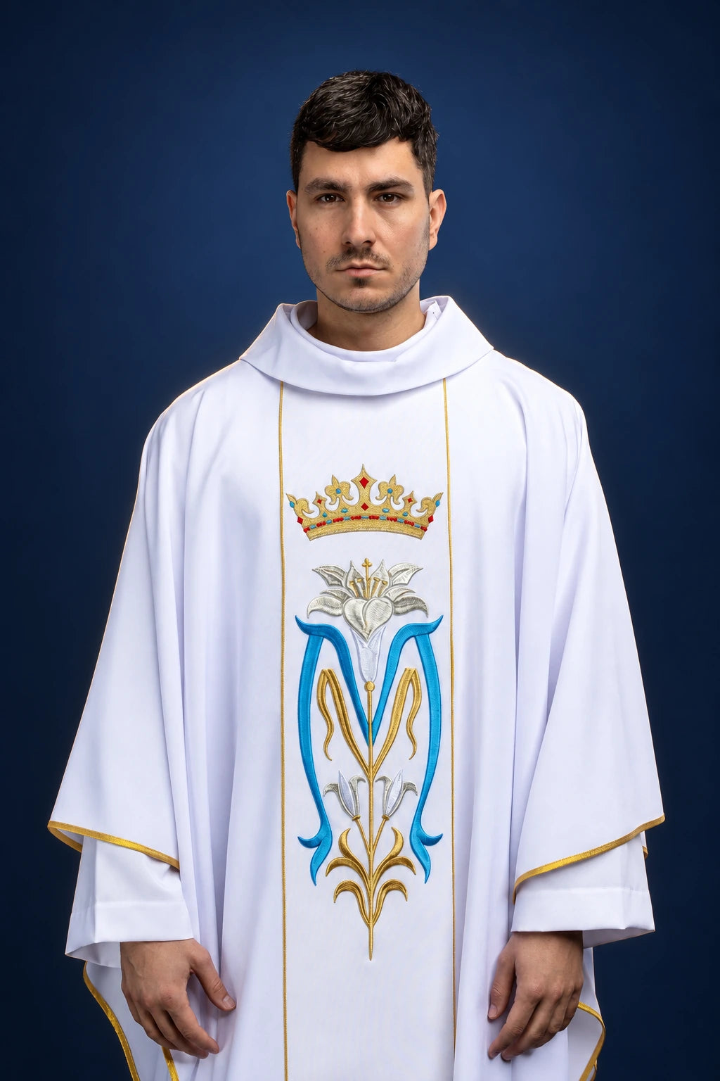 White Embroidered Marian Chasuble with a Crown, front view with Marian embroidery and gold trim