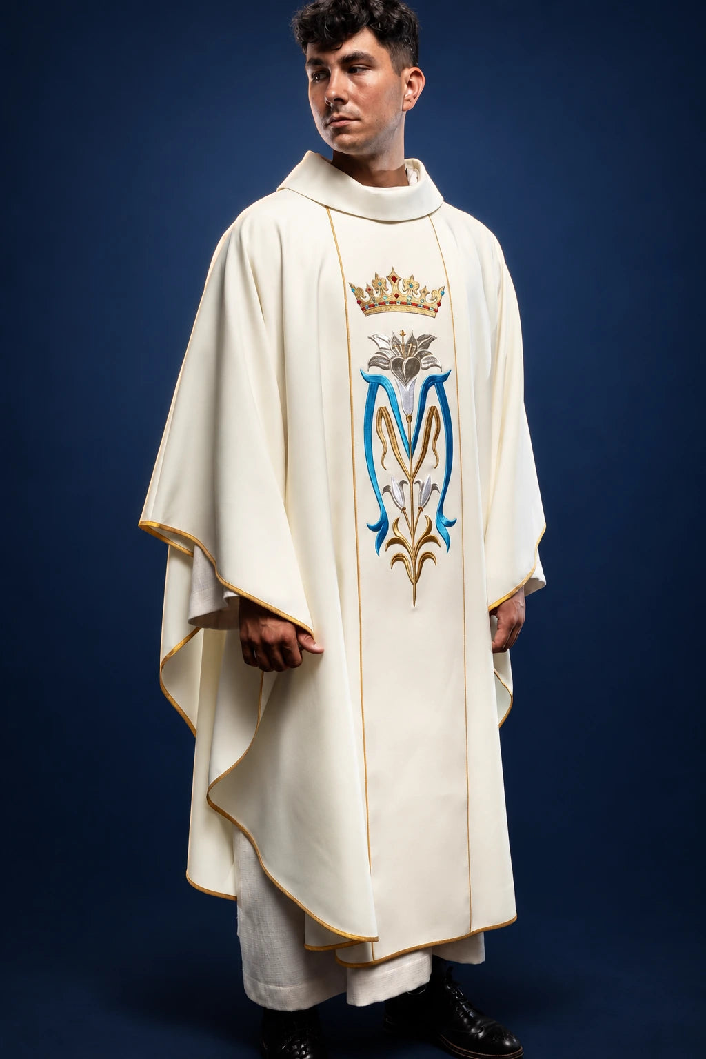 Embroidered Marian Chasuble with Gold Crown in Ecru, front view with blue, silver and gold Marian embroidery