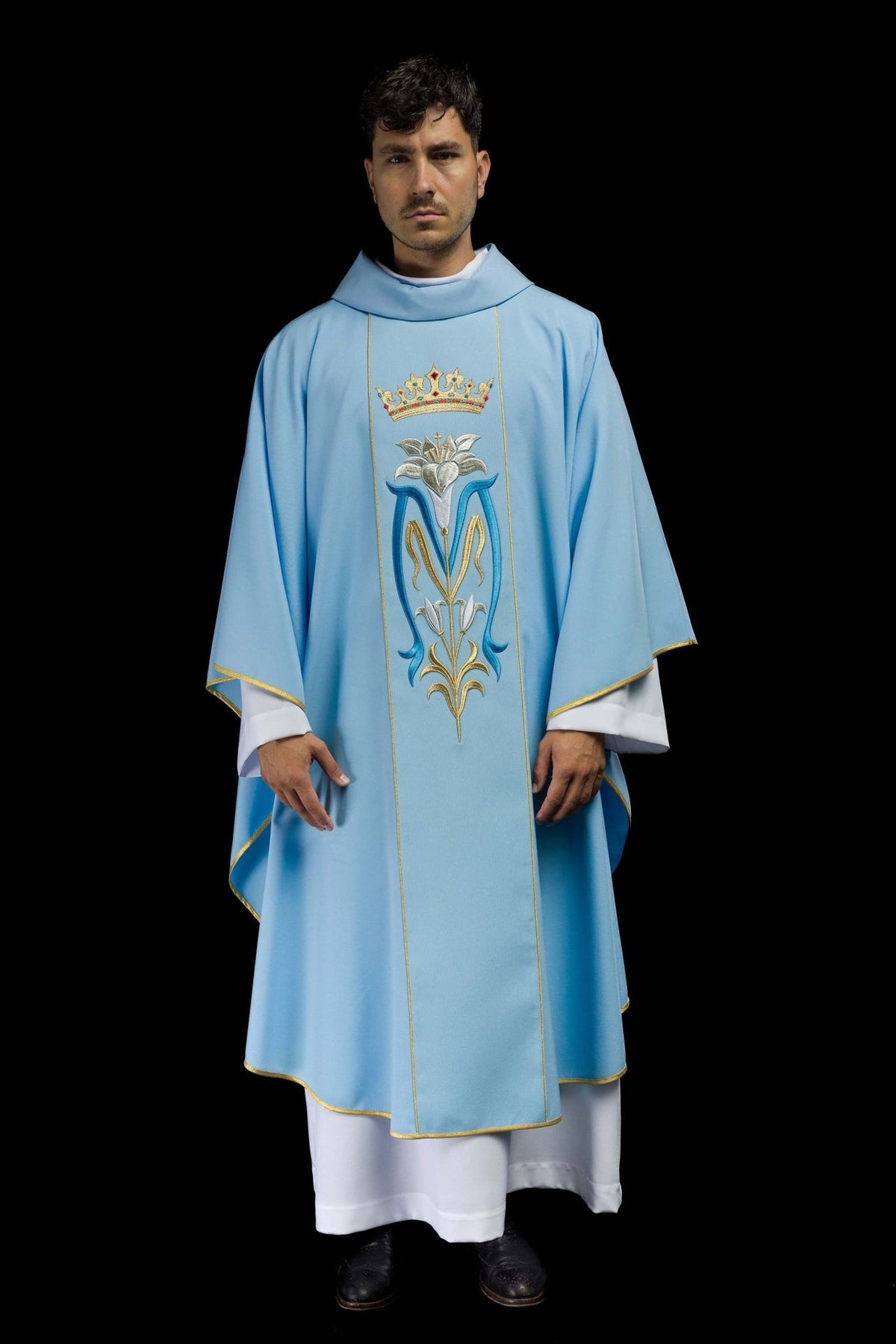 Blue Marian chasuble, full front view with crown and floral embroidered Marian motif
