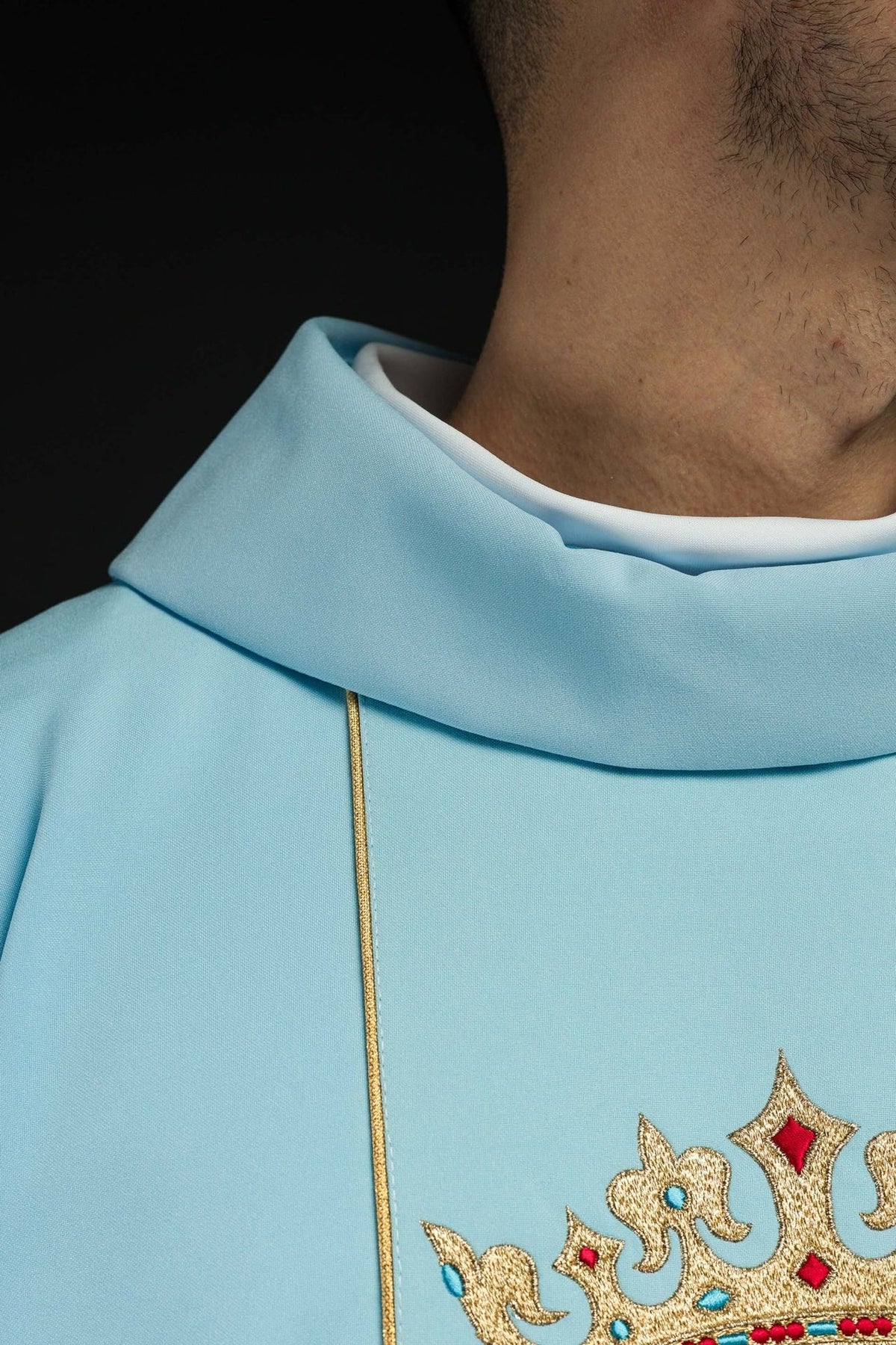 Blue Marian chasuble, front detail with stand-up collar, gold trim and embroidery