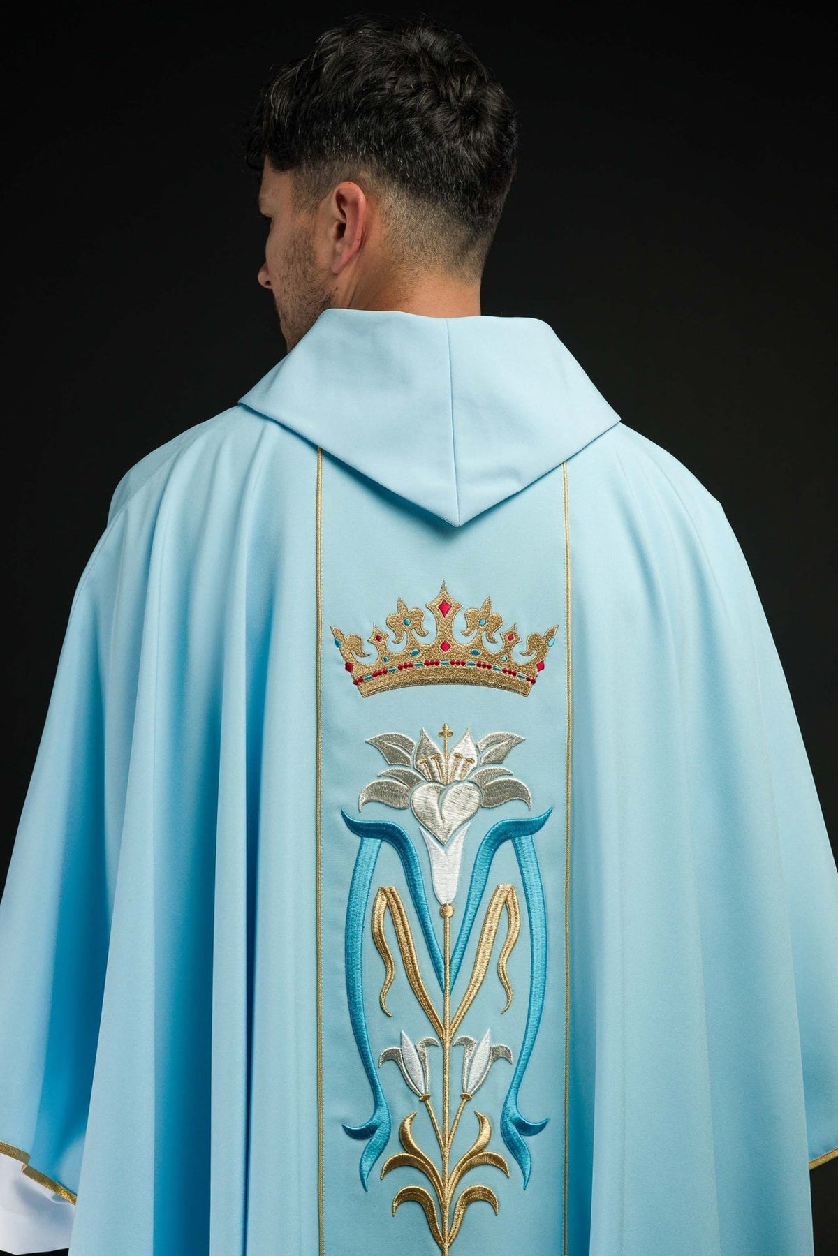 Blue Marian chasuble, back view with crown and Marian embroidery