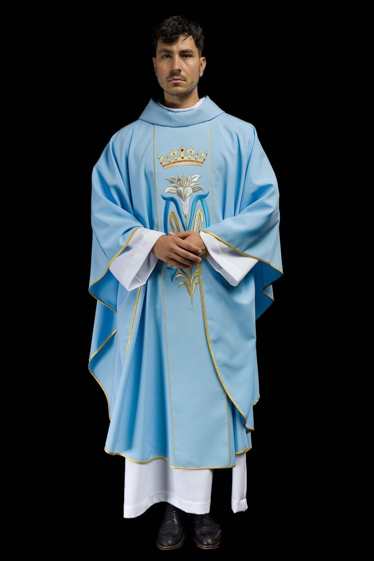 Blue Marian chasuble, front view with embroidered Marian motif and gold trim