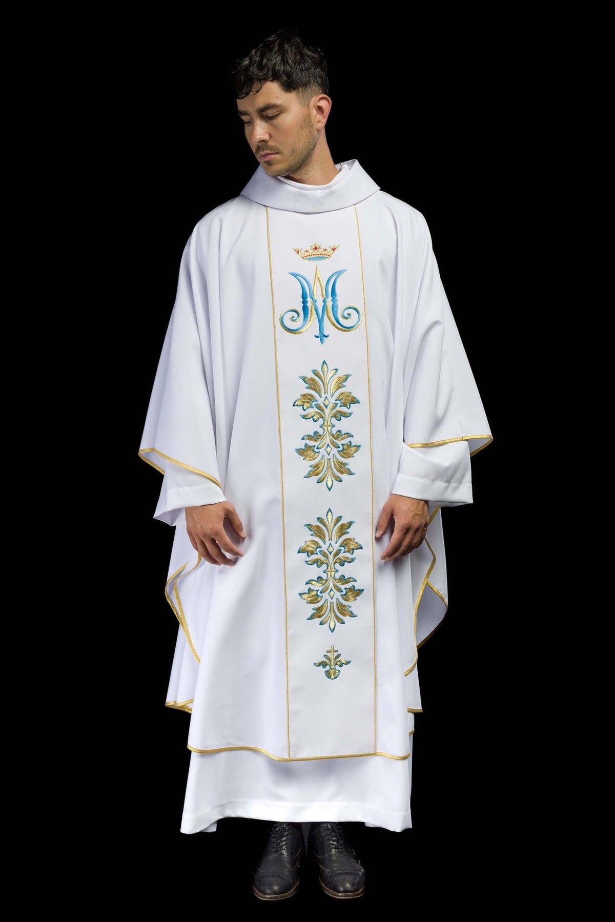 White Marian chasuble, full front view with gold trim and embroidered Marian motif