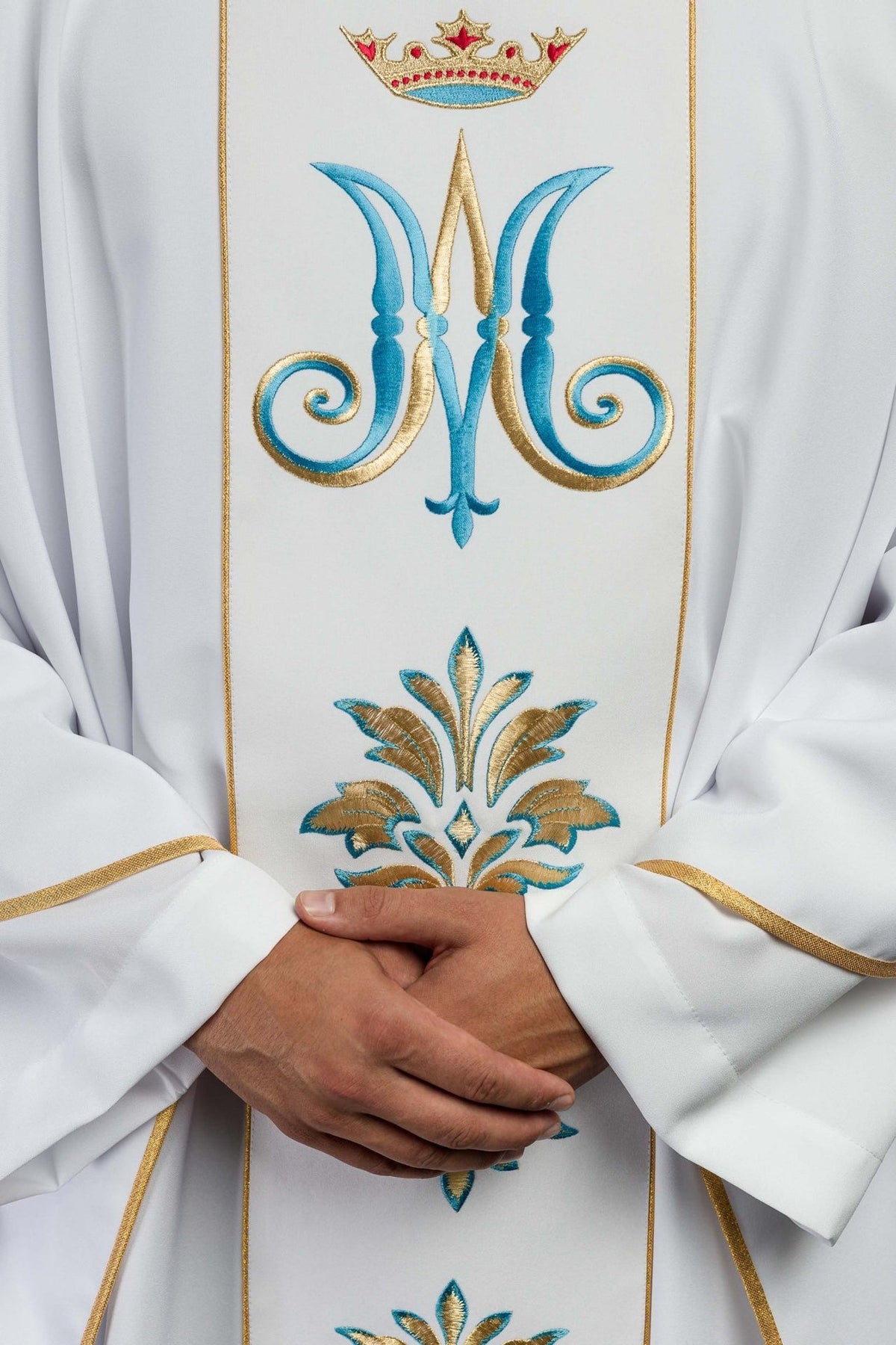 White Marian chasuble, front close-up with crown and Marian motif embroidery