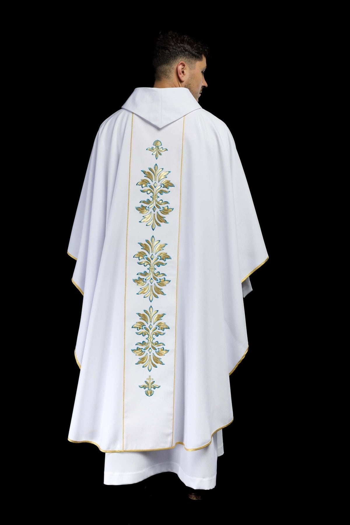 White Marian chasuble, full back view with central gold and blue embroidered motifs
