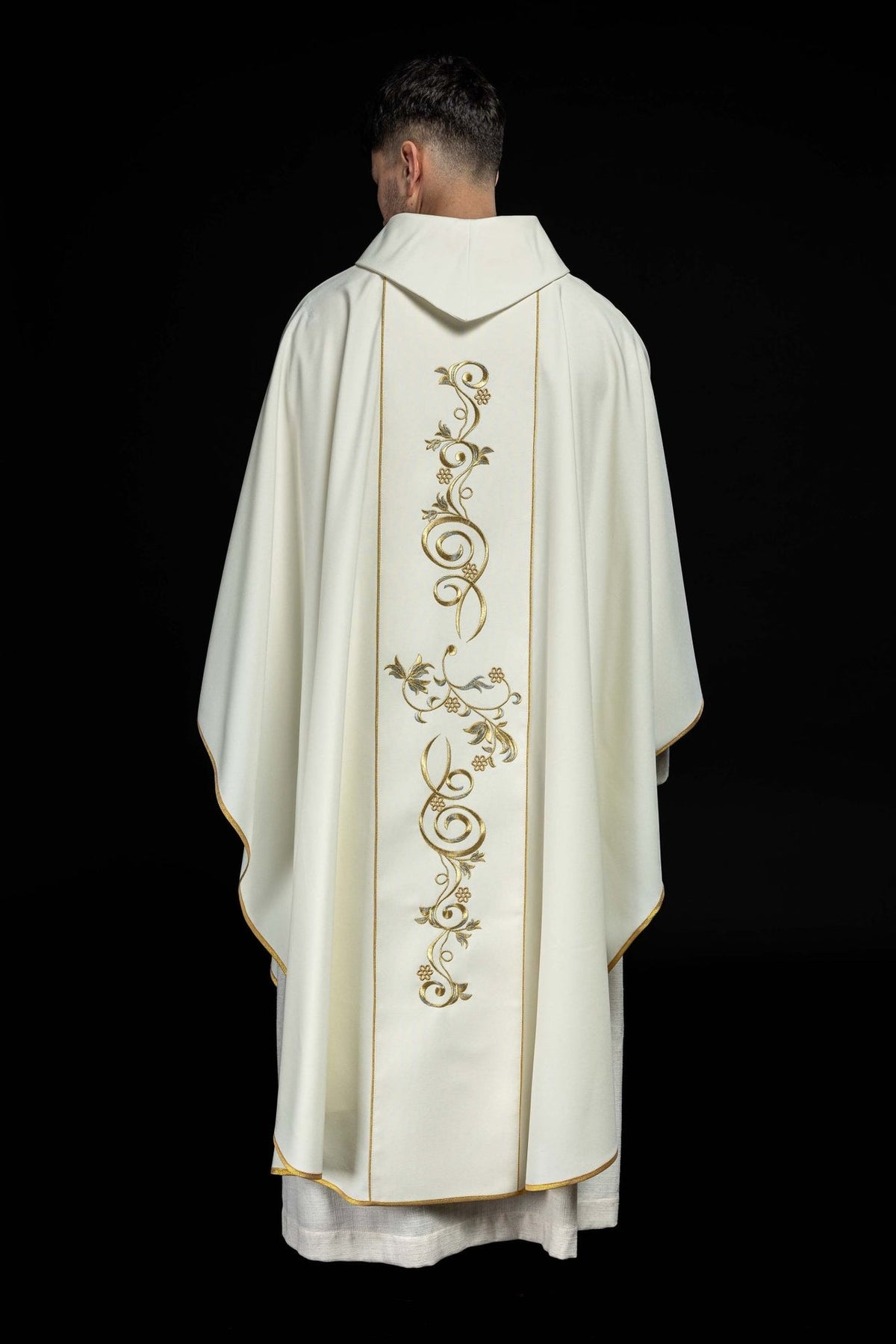 Marian chasuble, full back view with ecru orphrey and scrolling gold embroidery