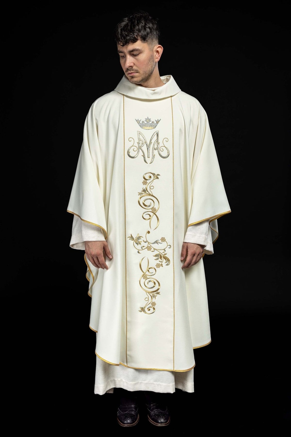 Marian chasuble, front worn view showing stand-up collar, orphrey and gold embroidery