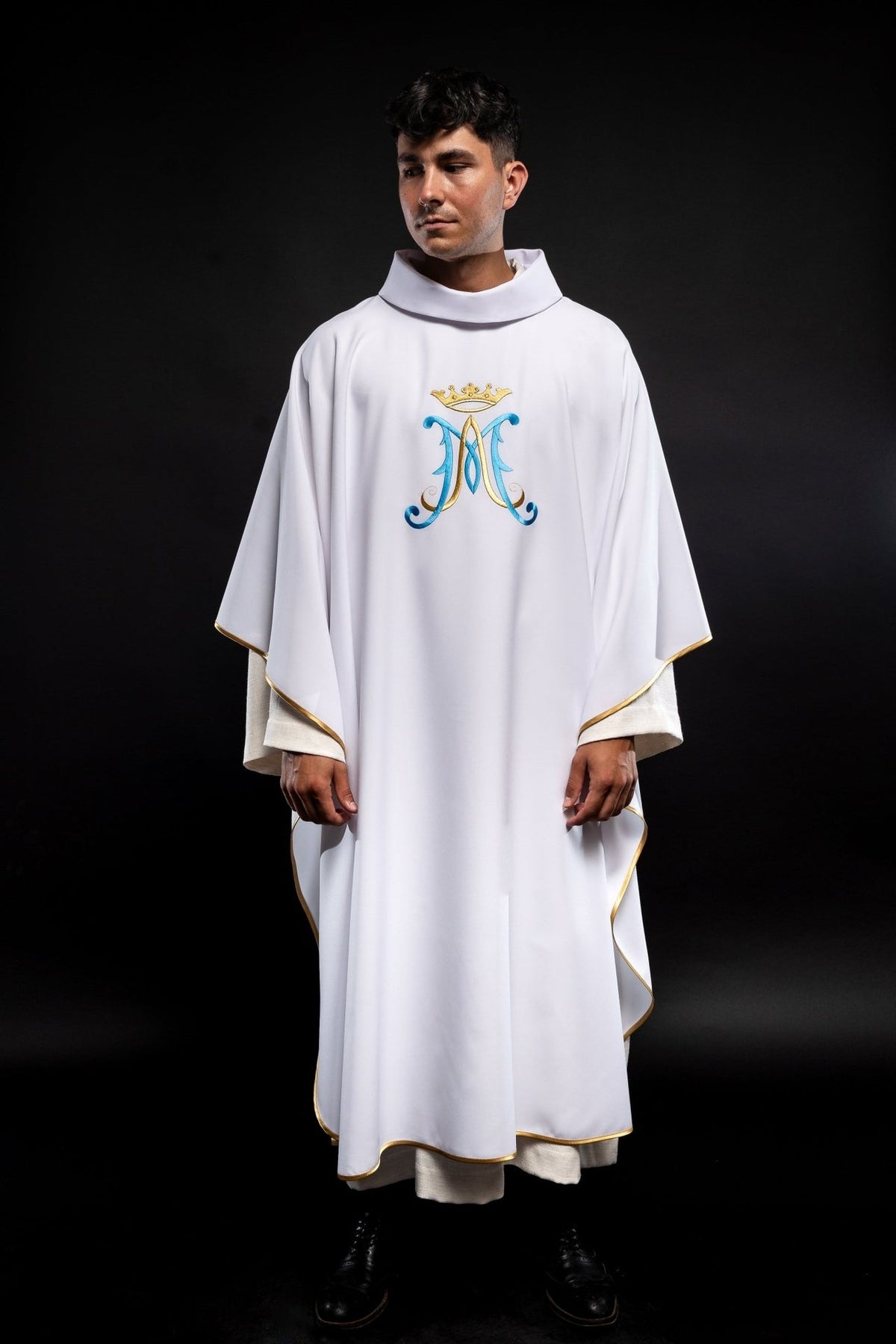 Marian chasuble, full front view with blue and gold embroidered Marian motif