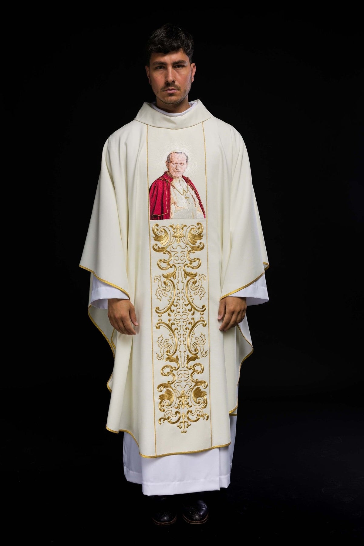 White chasuble front view with Pope John Paul II portrait and gold embroidery