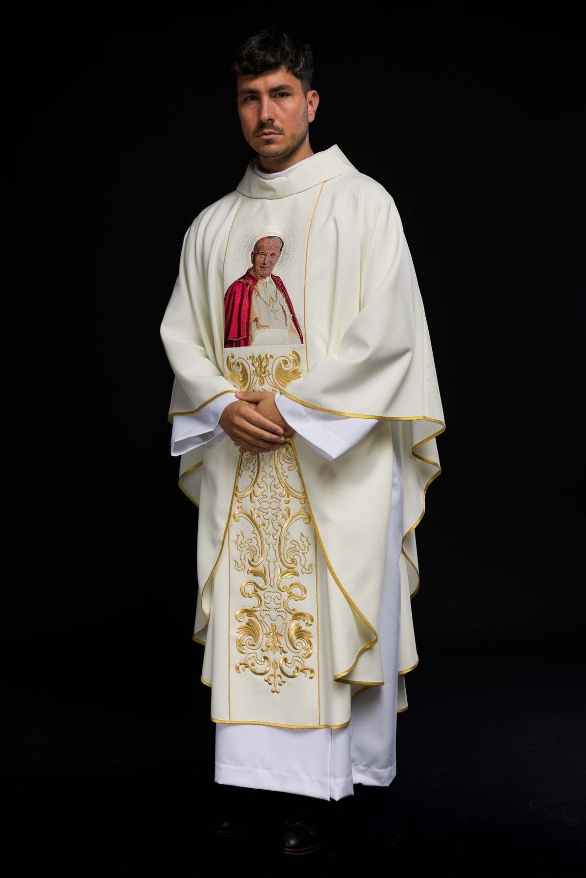 Pope John Paul II chasuble worn in front view with gold embroidery and trim