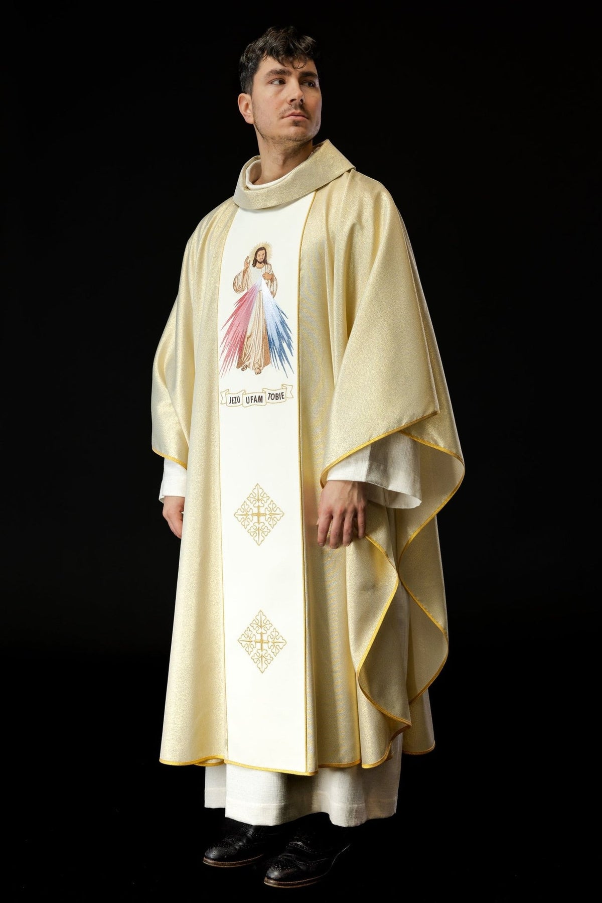 Gold embroidered chasuble, full front view with Divine Mercy and cross embroidery