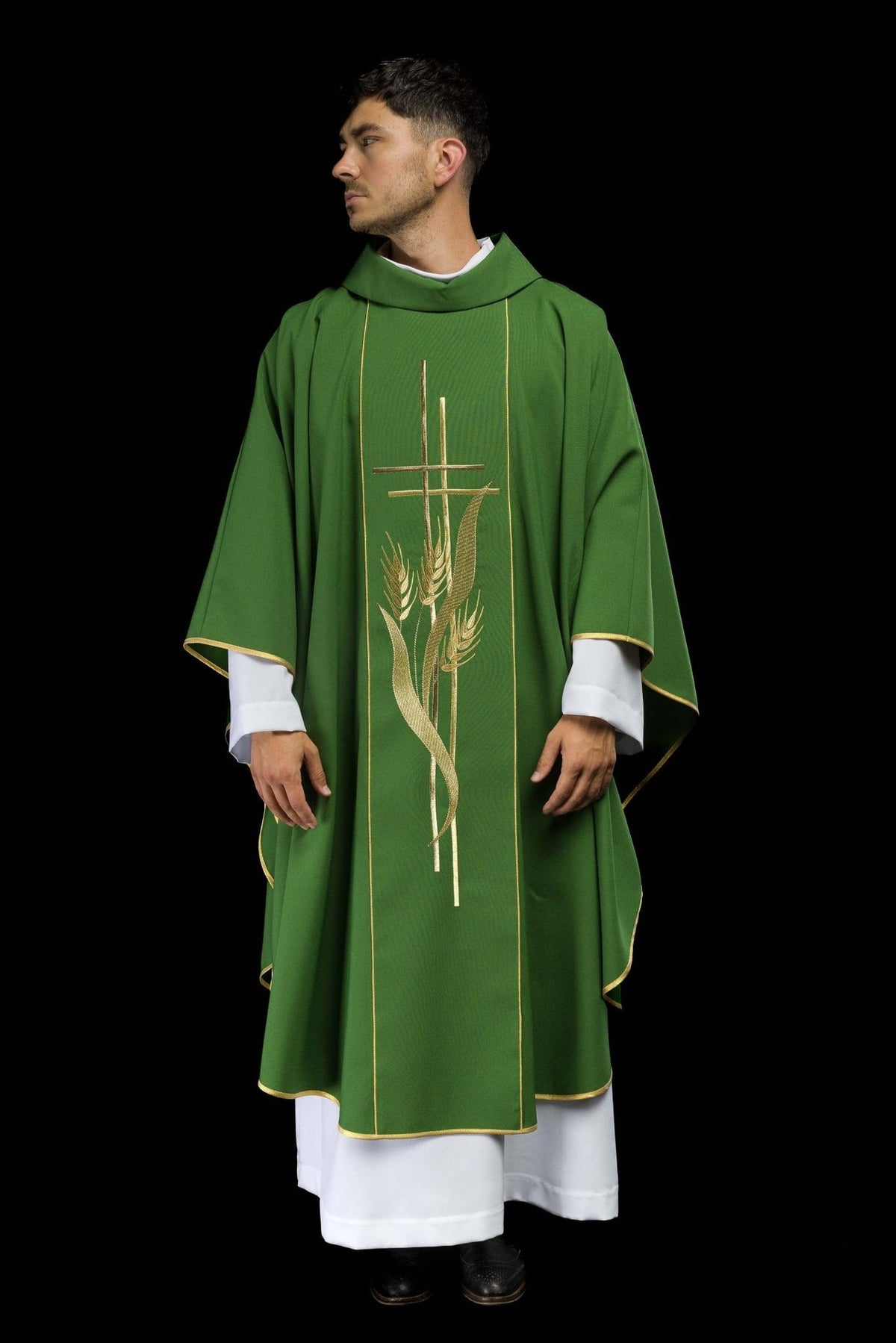 Green chasuble with gold cross and wheat embroidery, full front view