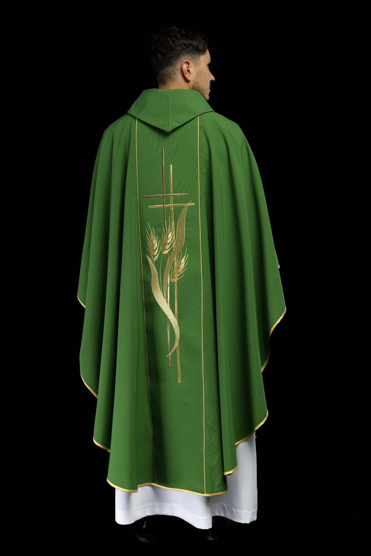 Green chasuble back view showing central gold cross and wheat embroidery