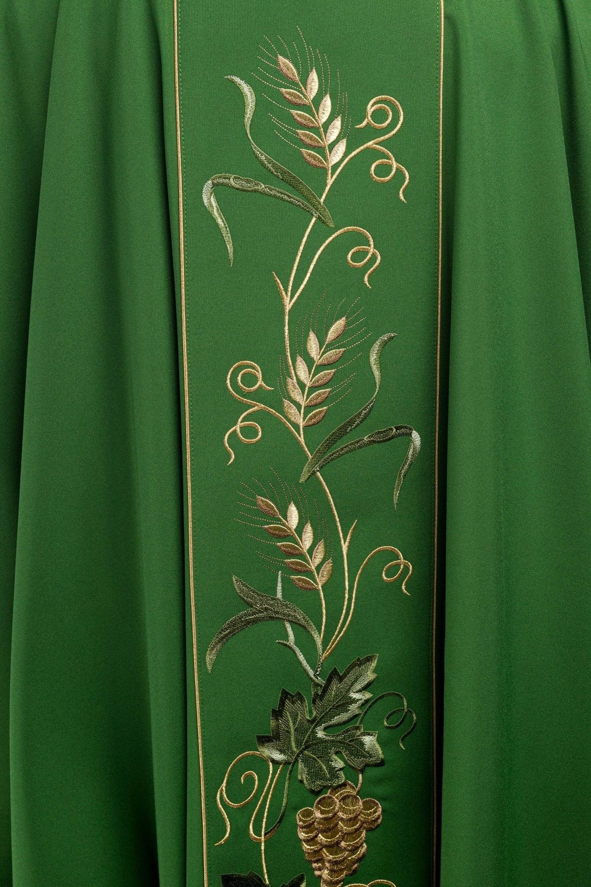 Green chasuble, back view with embroidered wheat and grapevine orphrey