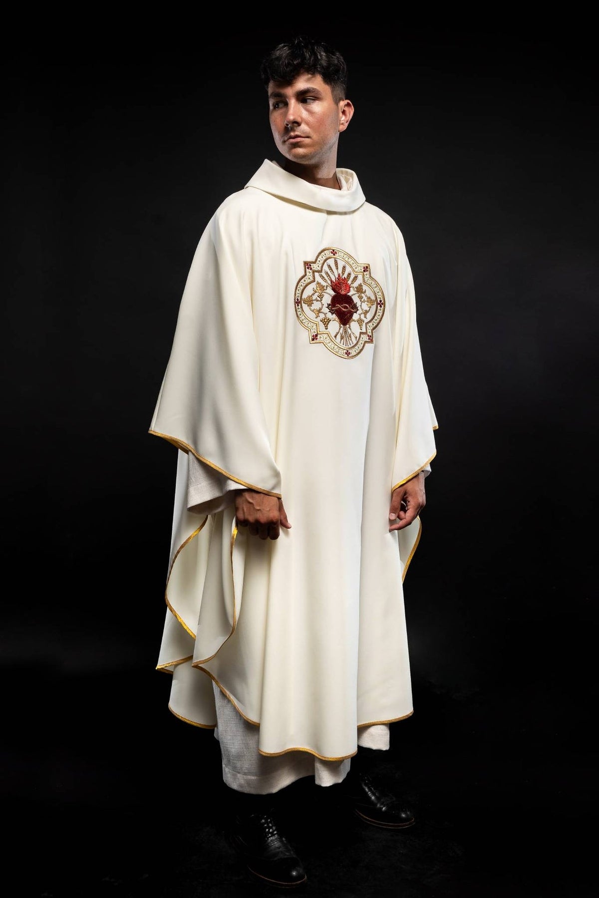 Embroidered chasuble front view showing Sacred Heart of Jesus embroidery and gold trim