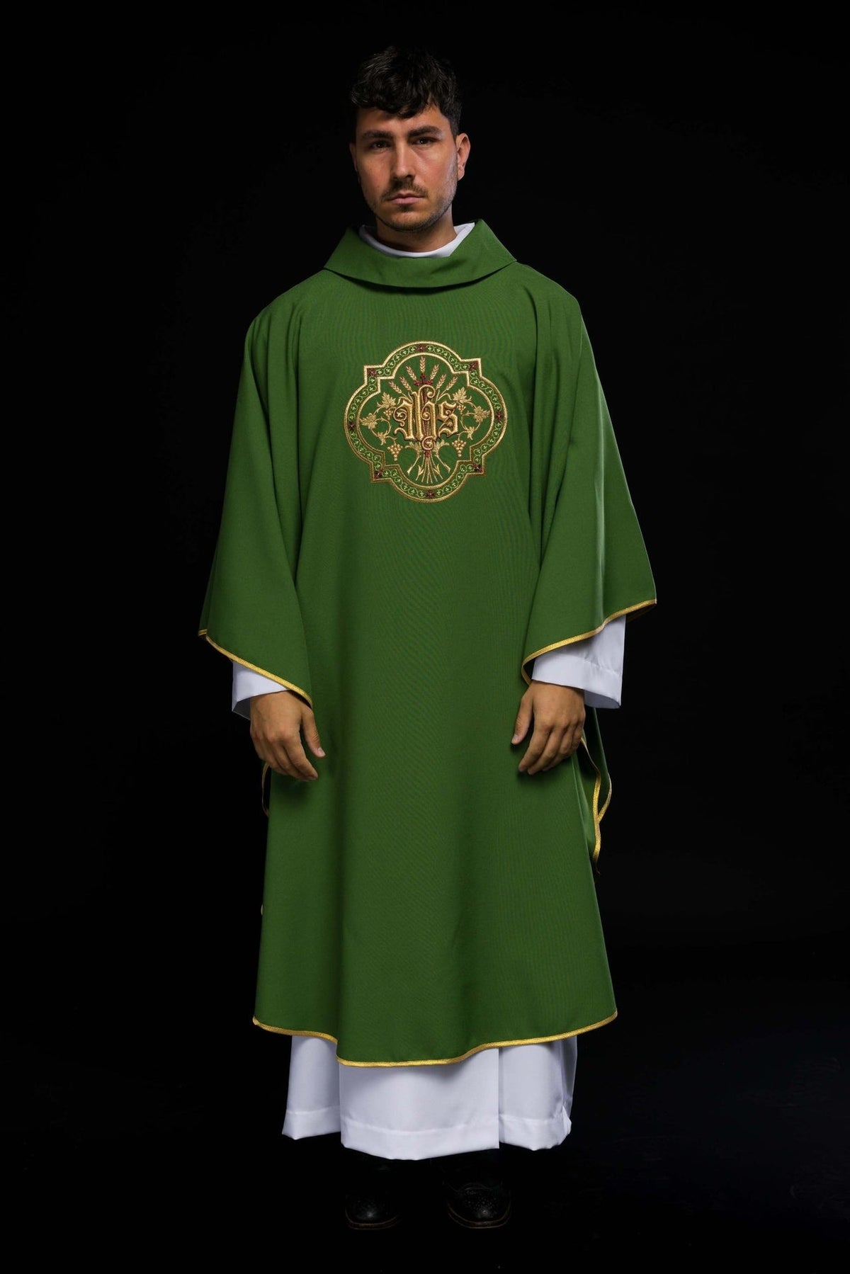 Green chasuble front view with gold IHS embroidery and trim