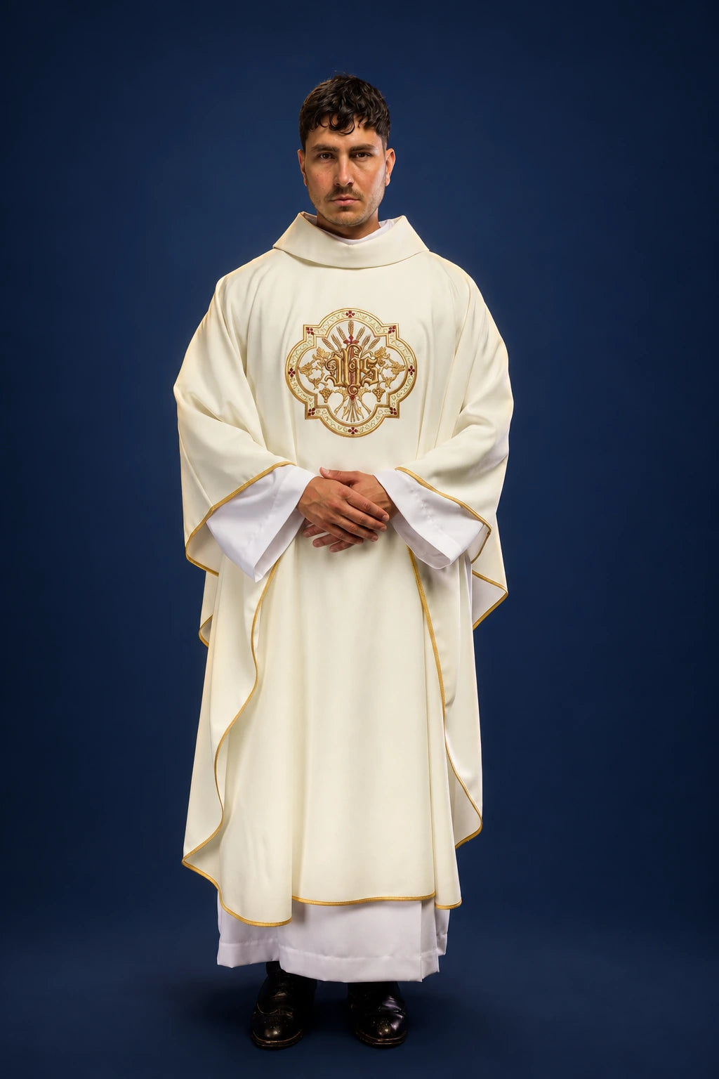 Cream Chasuble with IHS and PAX Embroidery, front view with gold trim and stand-up collar
