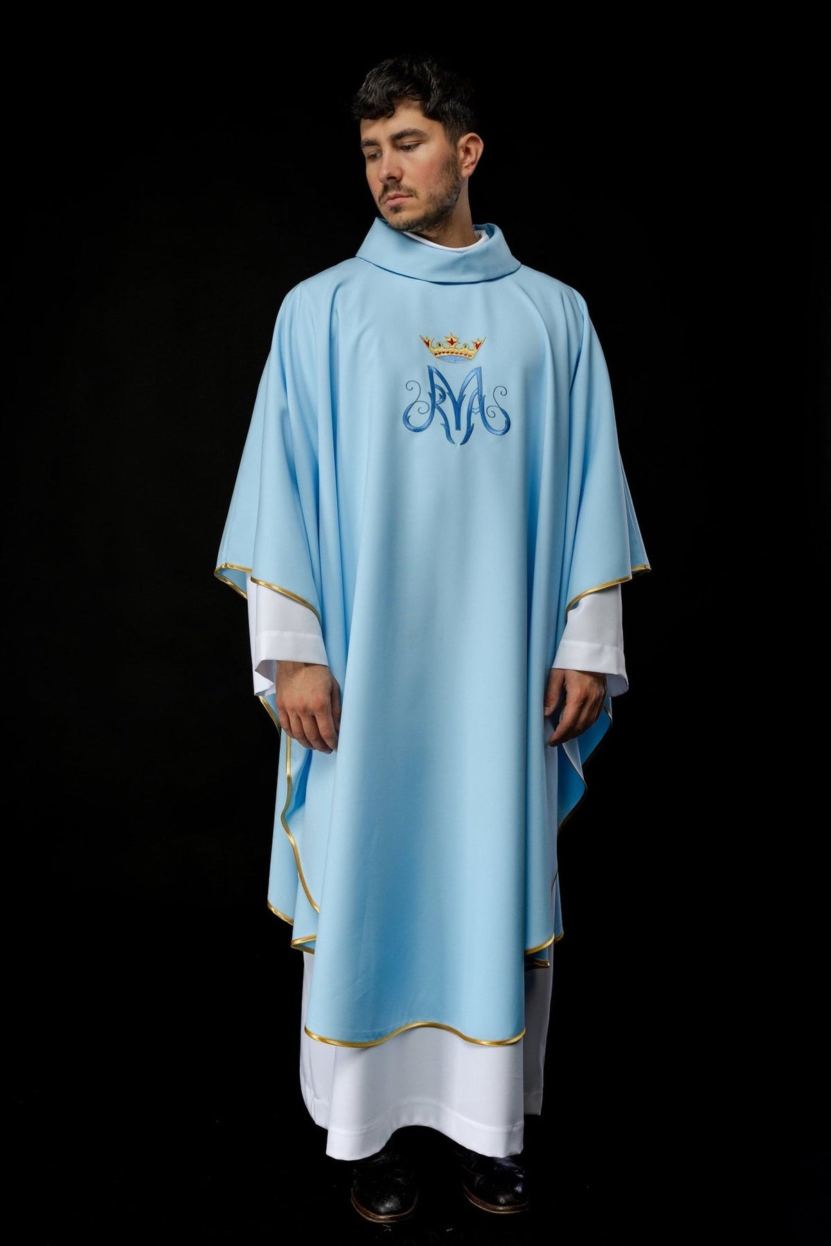 Blue Marian chasuble full front view with stand-up collar, Marian symbol embroidery and gold trim