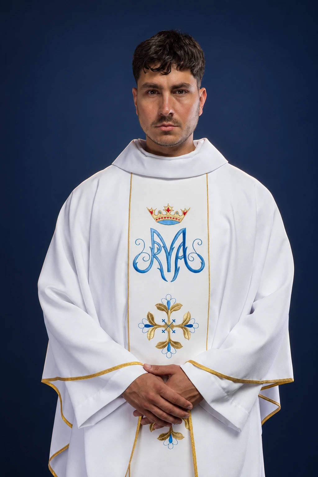 White Marian Chasuble with Orphrey, front view with blue Marian monogram, crown and gold floral embroidery