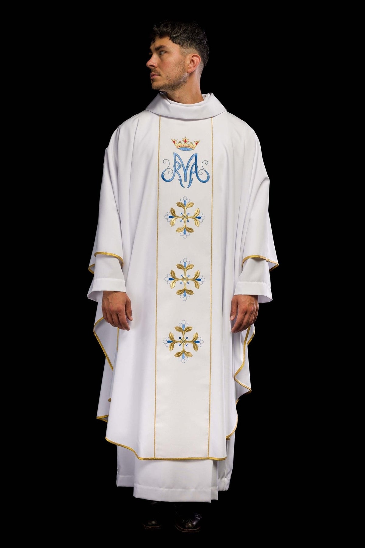Marian chasuble, full front view with white fabric, gold trim and embroidered blue and gold motifs