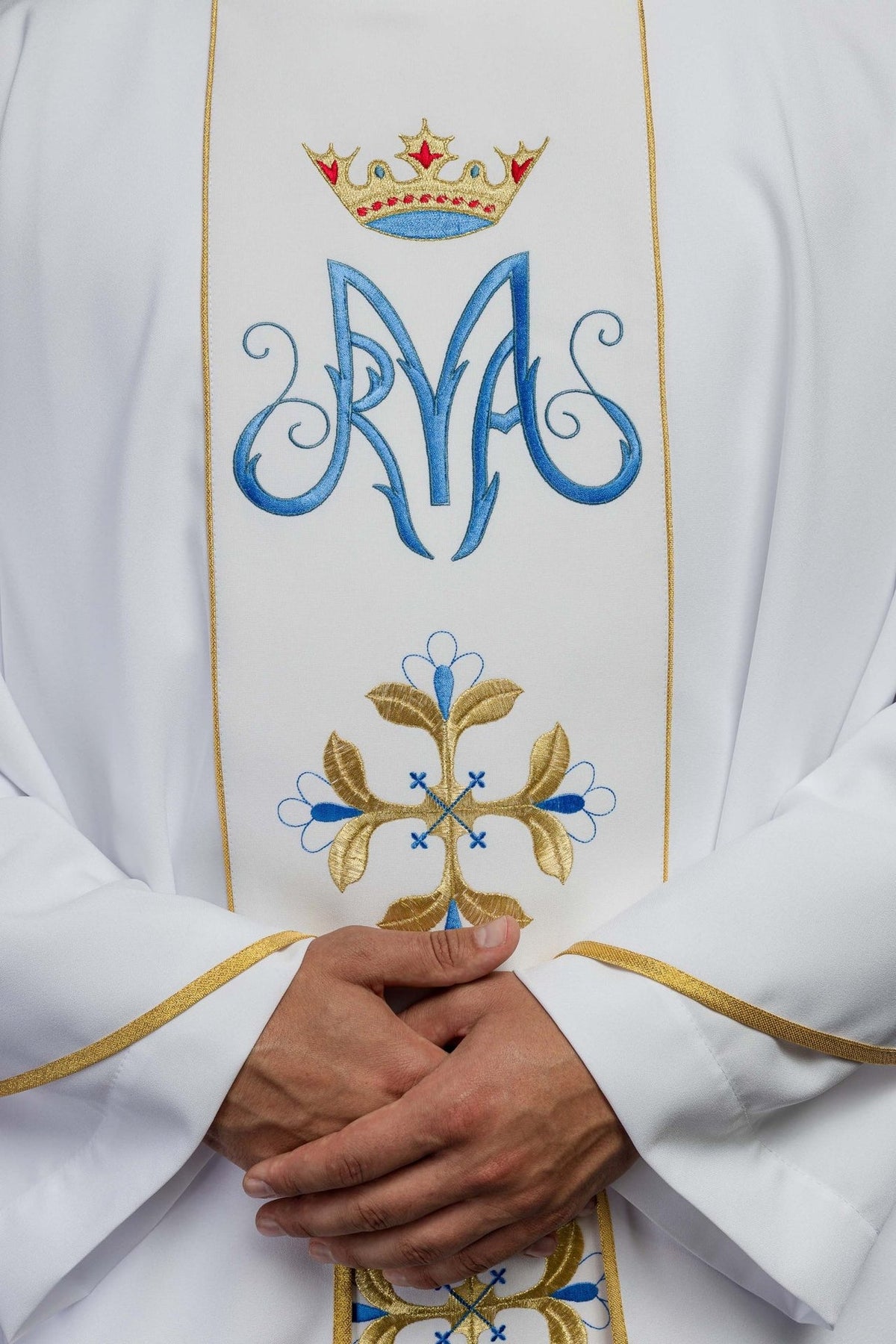 Marian chasuble front detail with blue Marian monogram, gold crown and floral cross embroidery