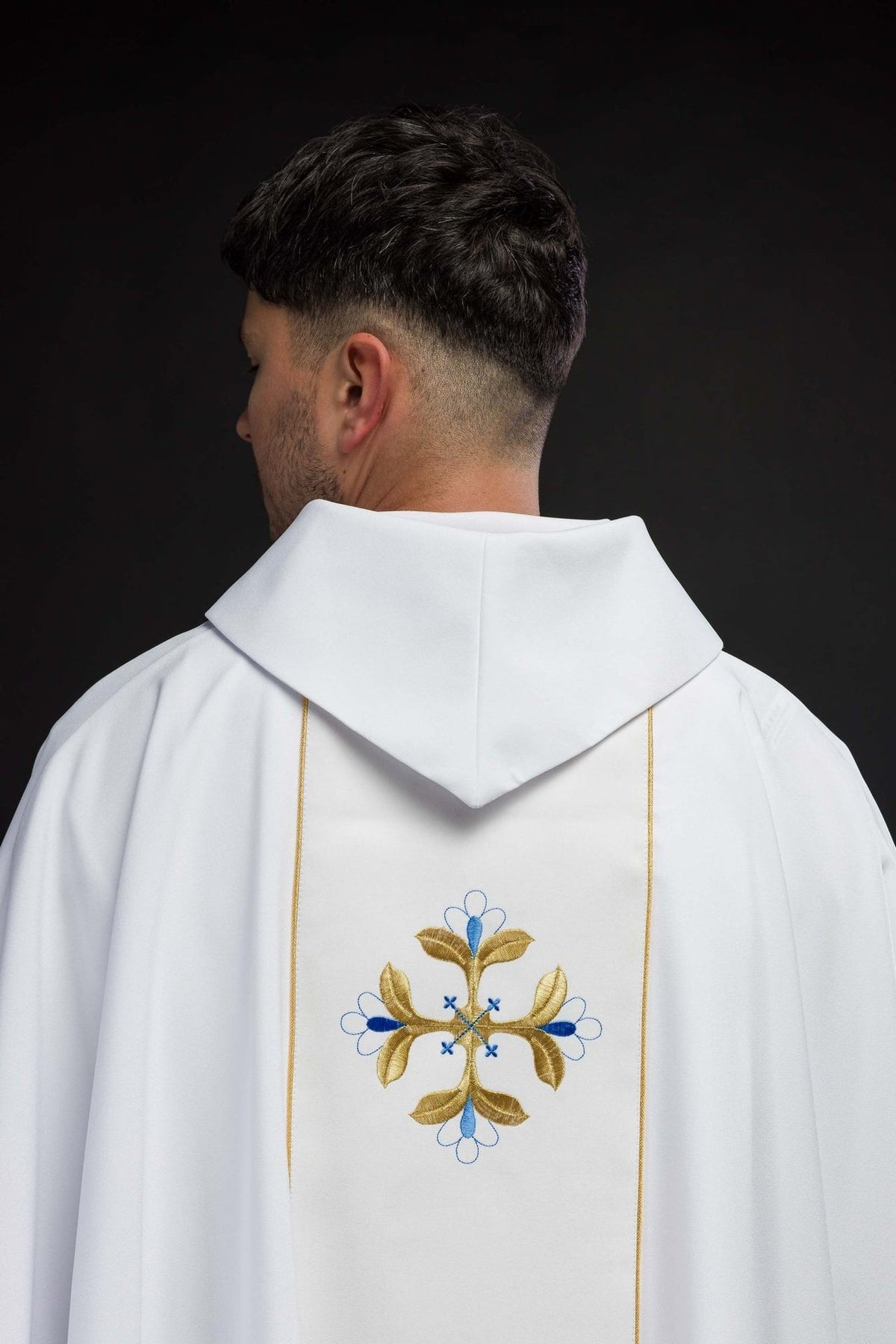 Marian chasuble back view with white stand-up collar, gold trim and embroidered floral cross