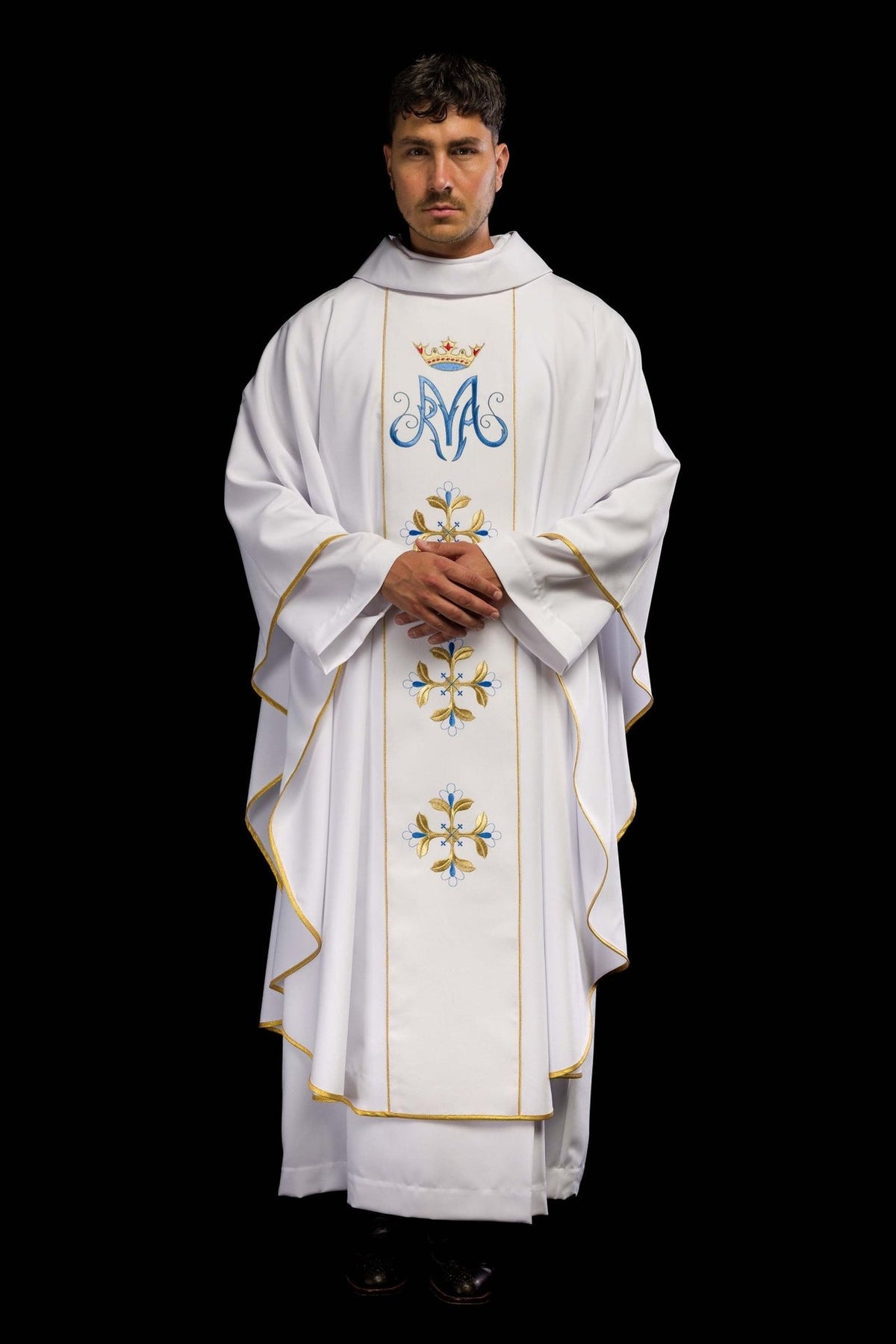 Marian chasuble front view with embroidered monogram, floral crosses and gold-trimmed orphrey