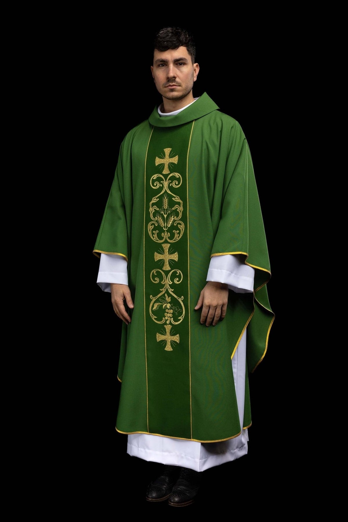 Green chasuble, full front worn view with gold embroidered orphrey and trim