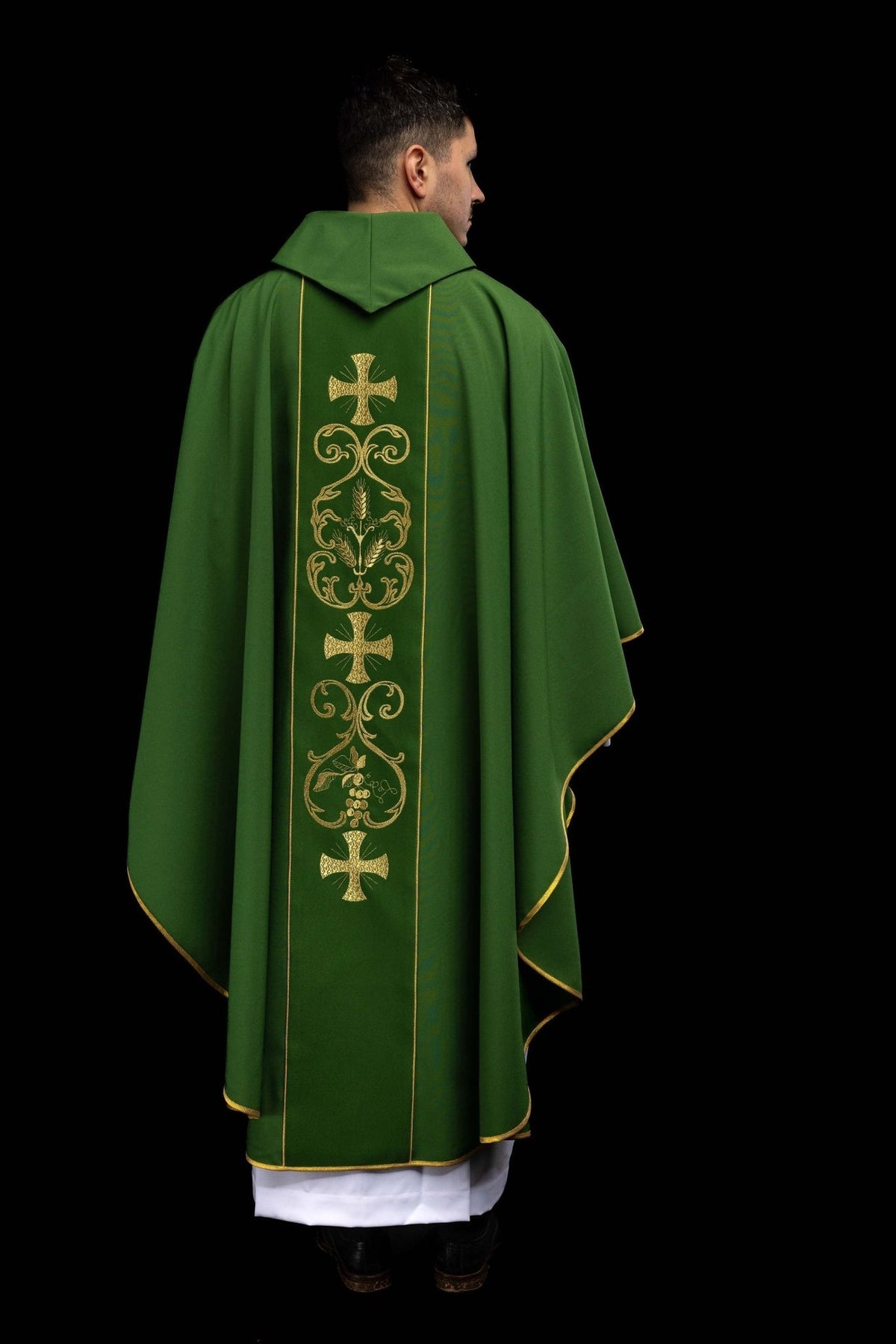 Green chasuble, full back worn view with gold cross and wheat embroidery
