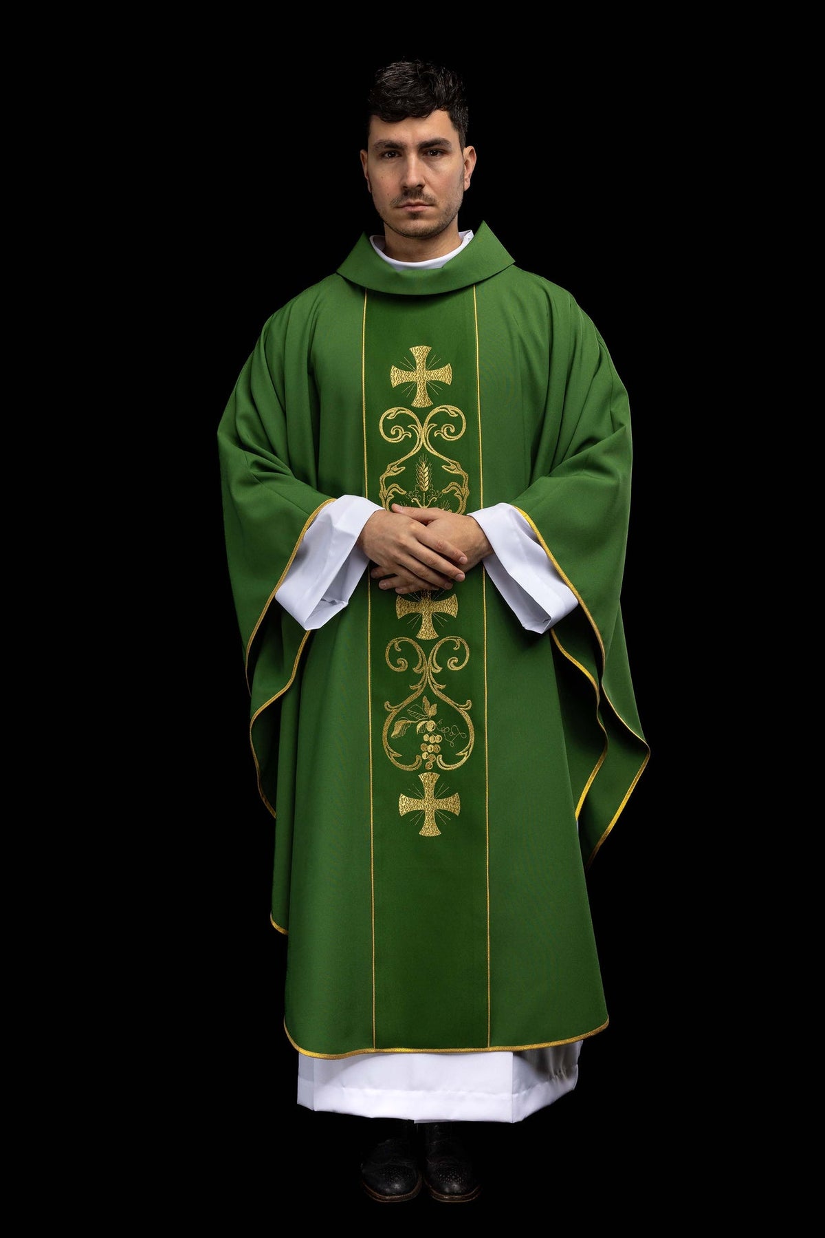 Green chasuble, full front worn view with gold orphrey, crosses and wheat embroidery