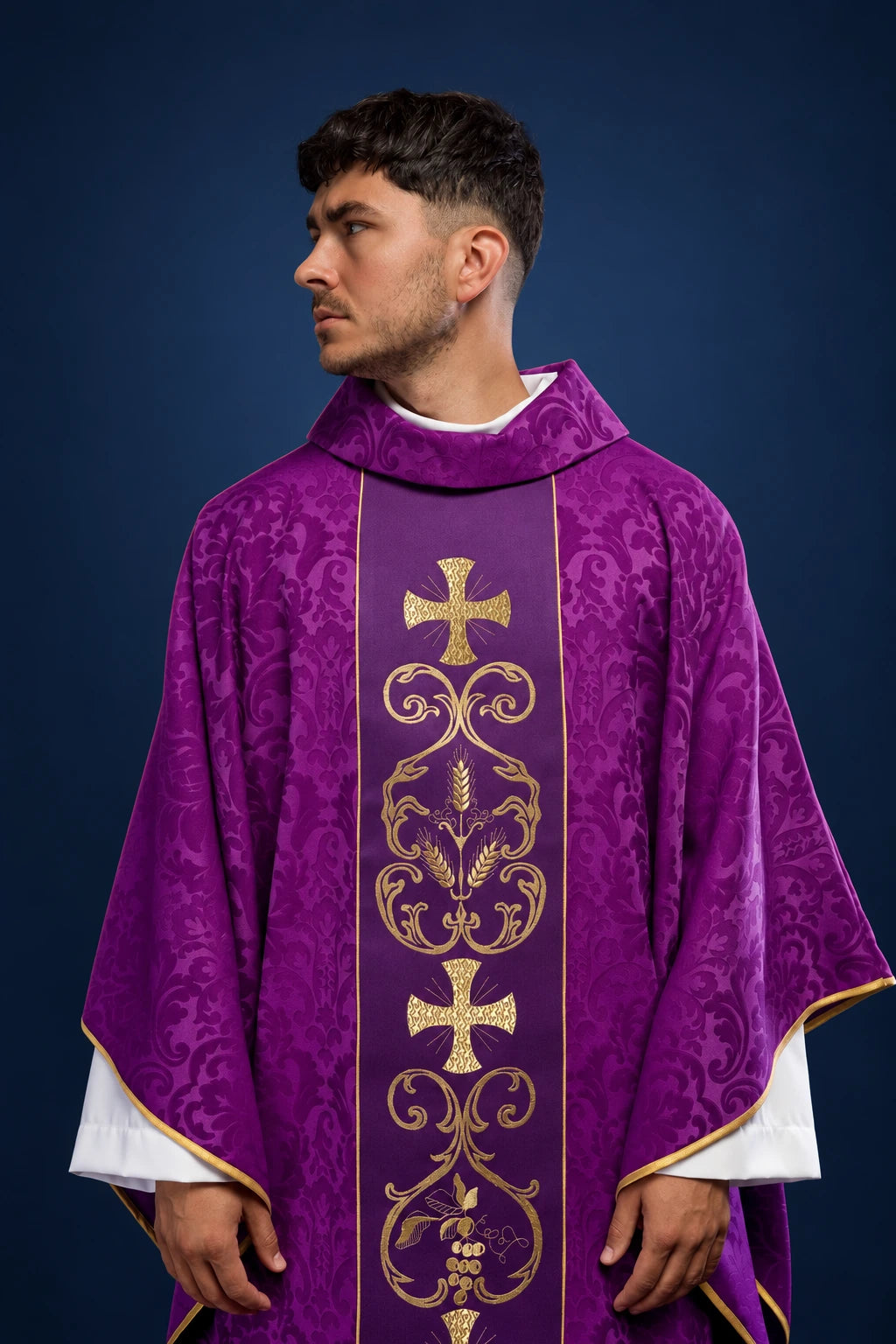 Purple Catholic Chasuble with Embroidered Orphrey, front view with gold crosses and floral embroidery