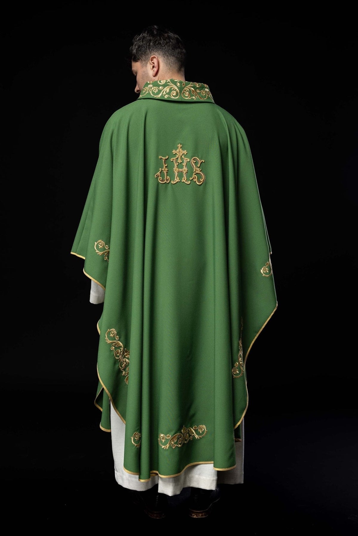 Green chasuble back close-up with gold IHS embroidery and stand-up collar