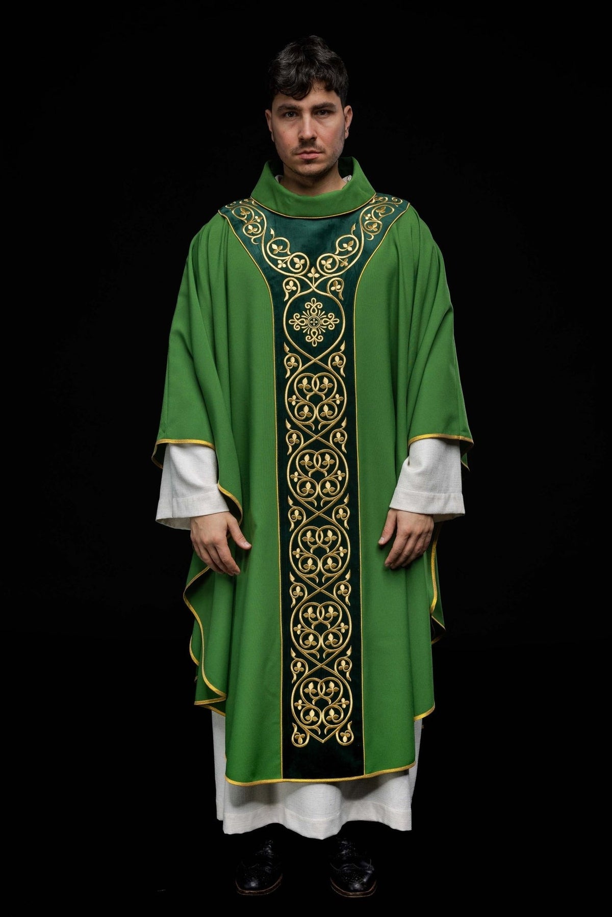 Green chasuble, full front view with embroidered velvet orphrey