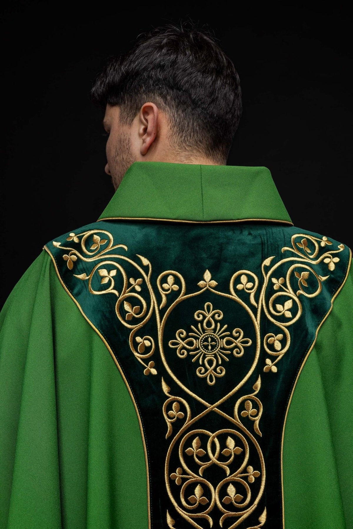 Green chasuble, back view with embroidered velvet orphrey