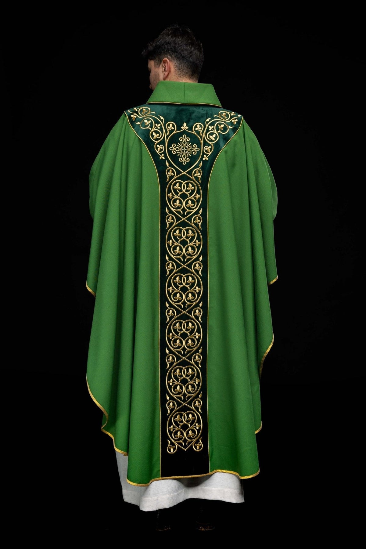 Green chasuble, full back view with gold embroidered orphrey
