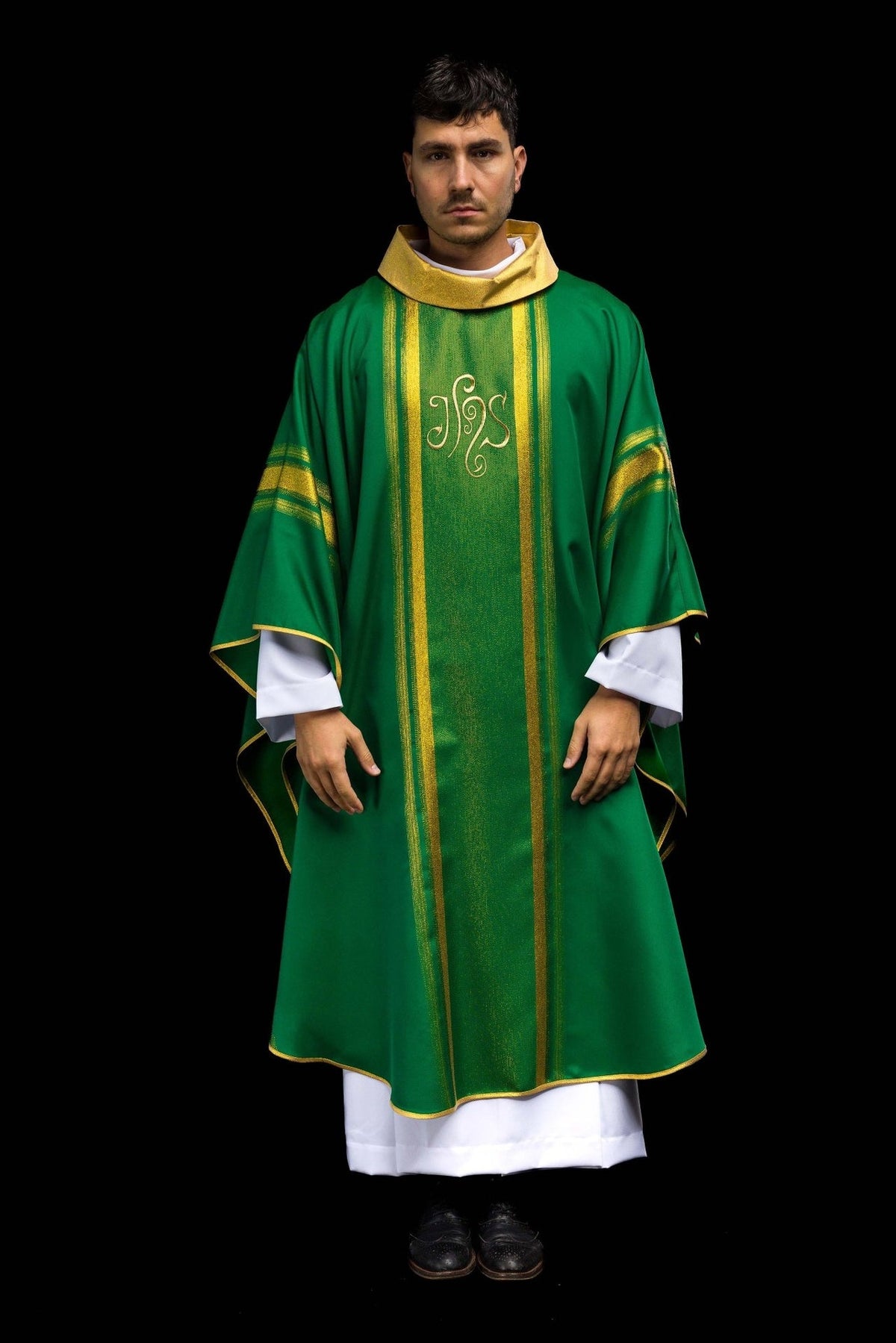 Green embroidered chasuble, full front view with gold IHS embroidery