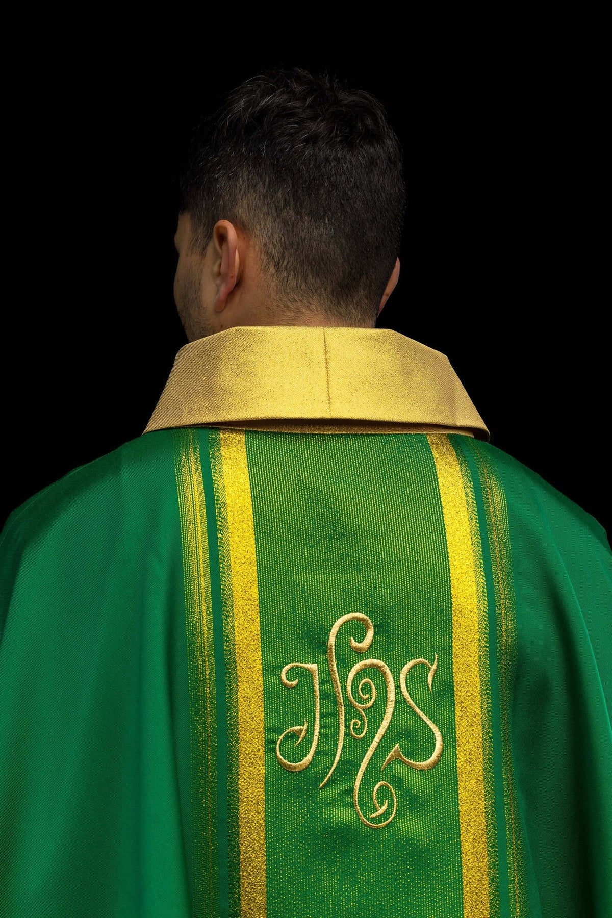 Green chasuble collar detail with gold stand-up collar and trim