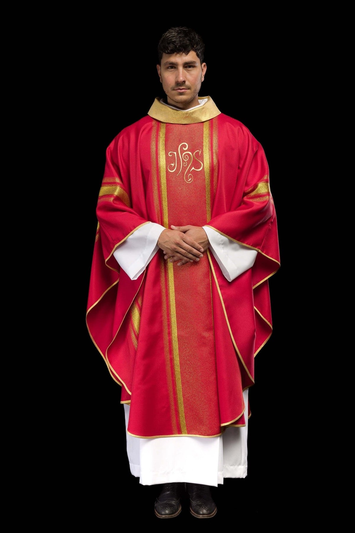 Red chasuble front view with gold embroidery, trim and stand-up collar