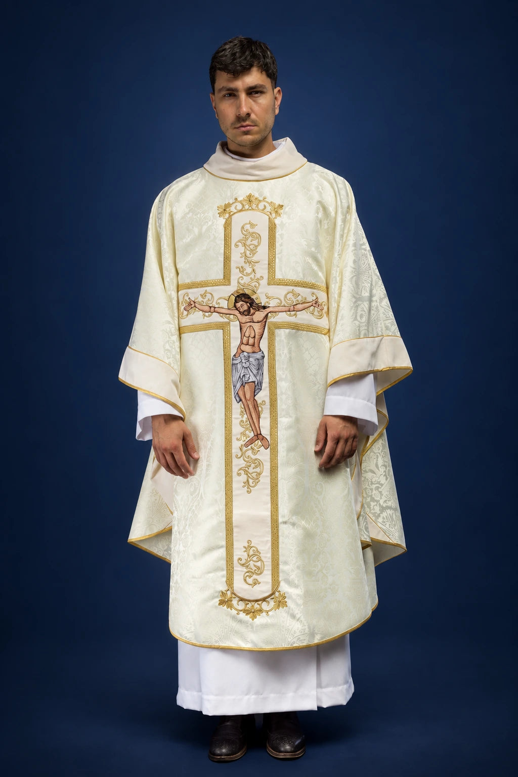 Ecru Chasuble with an Embroidered Image of Jesus Christ on the Cross, front view