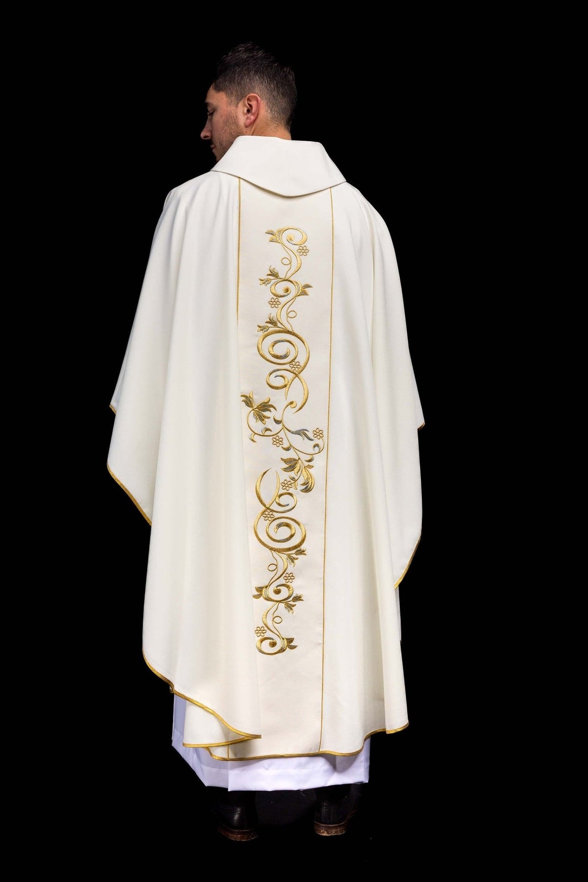 Holy Family chasuble, back view with central gold embroidered scrollwork