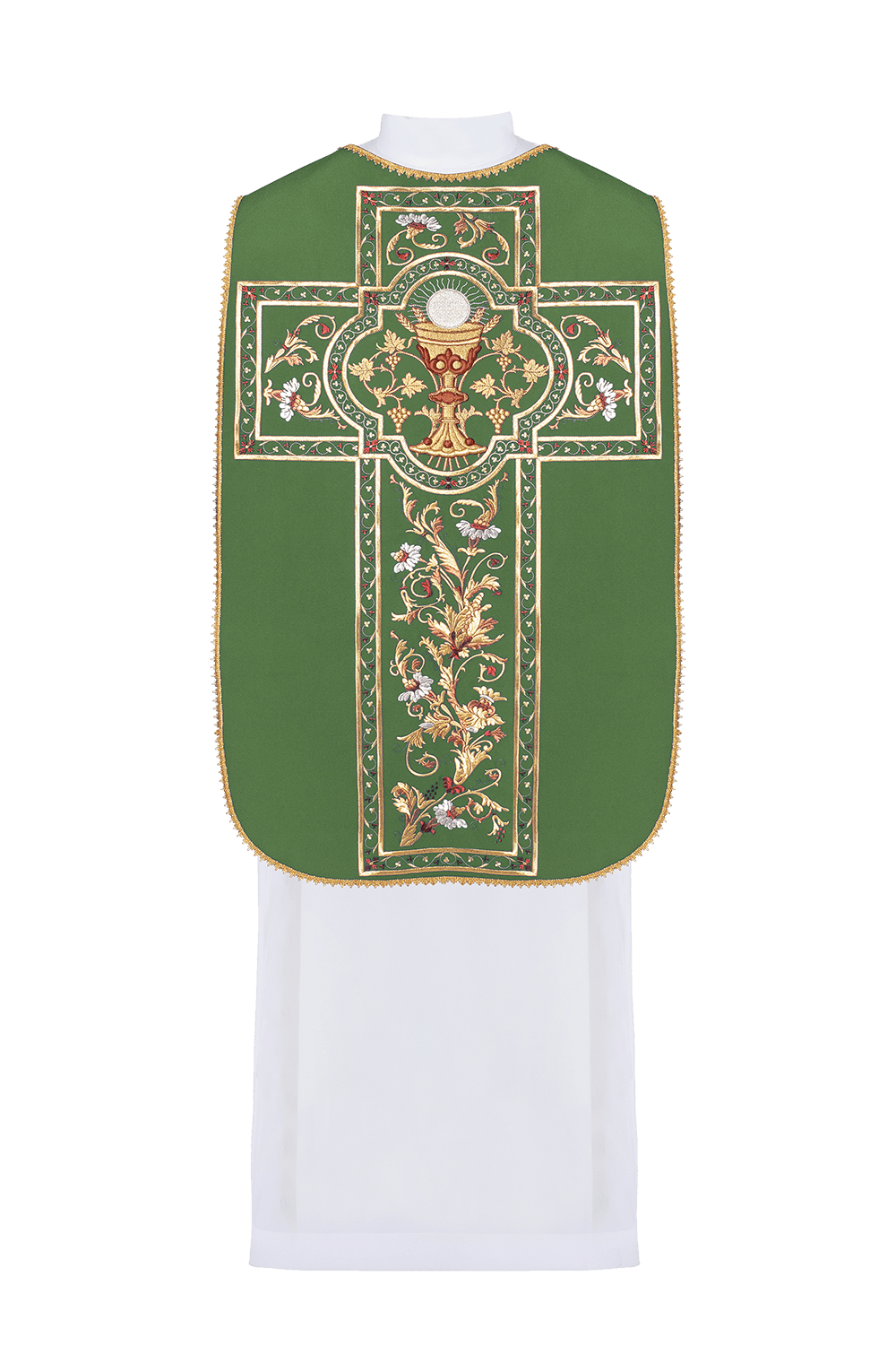 Green Roman chasuble back view with embroidered communion chalice and floral motifs