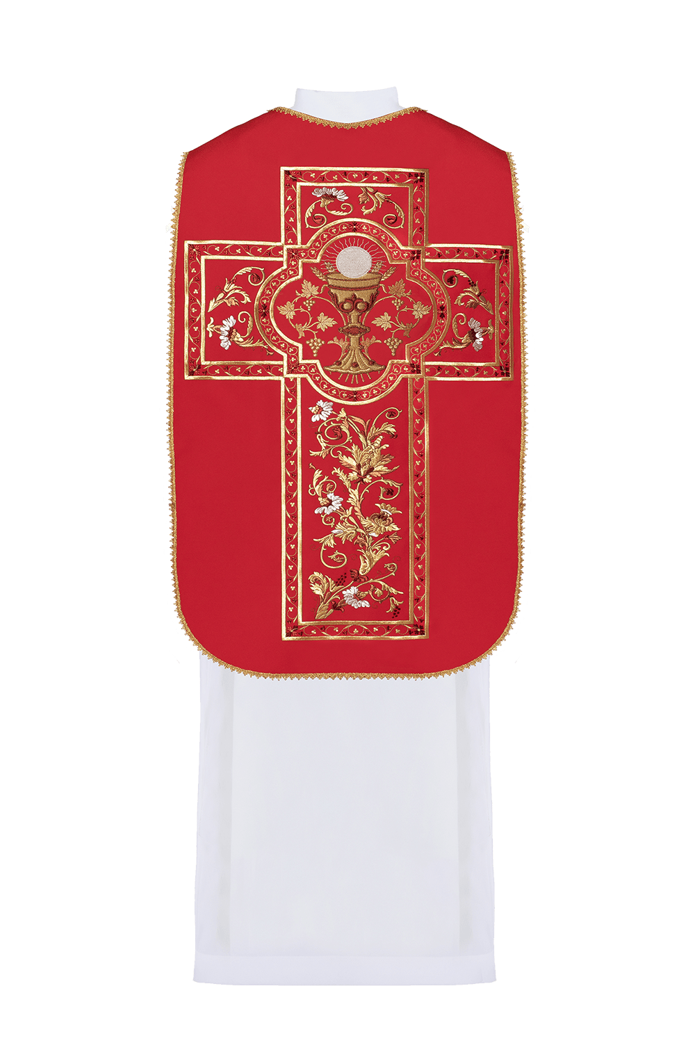 Red Roman chasuble, back view with embroidered gold communion chalice and cross design