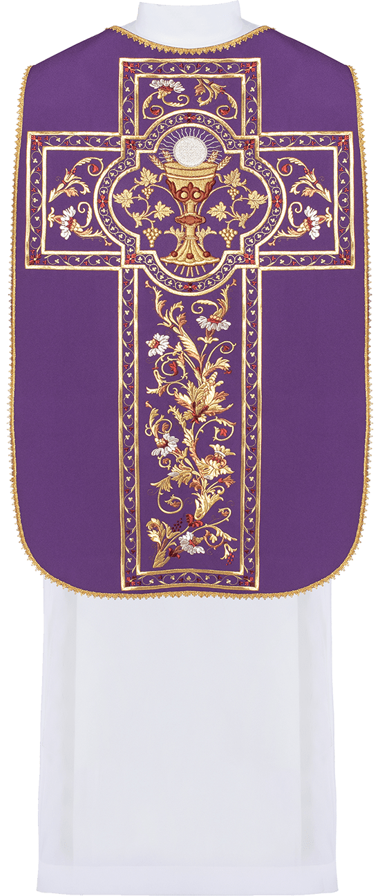 Purple Roman chasuble back view with embroidered gold communion chalice and floral cross